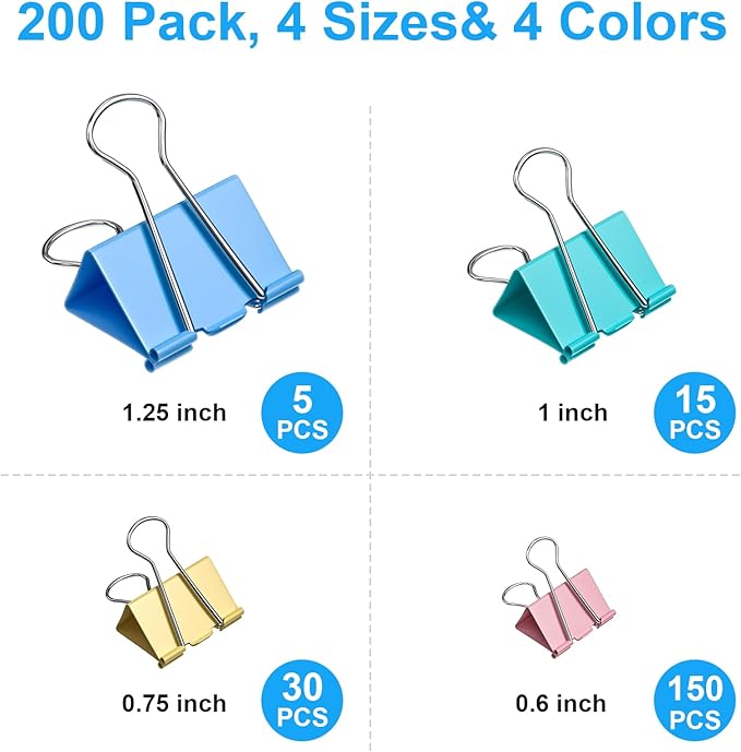 200 Count Colored Binder Clips Assorted Sizes, 4 Sizes Large, Medium, Small, Mini, Metal Paper Clamps, Bulk Clips Office Supplies (1 1/4", 1", 3/4", 1/2 Inch) KKEETUR