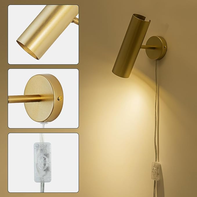 Ahaloye Gold Plug in Wall Sconce, Modern Swing Arms Wall Lamp with Cord Wall Light for Bedroom (Bulb Included)