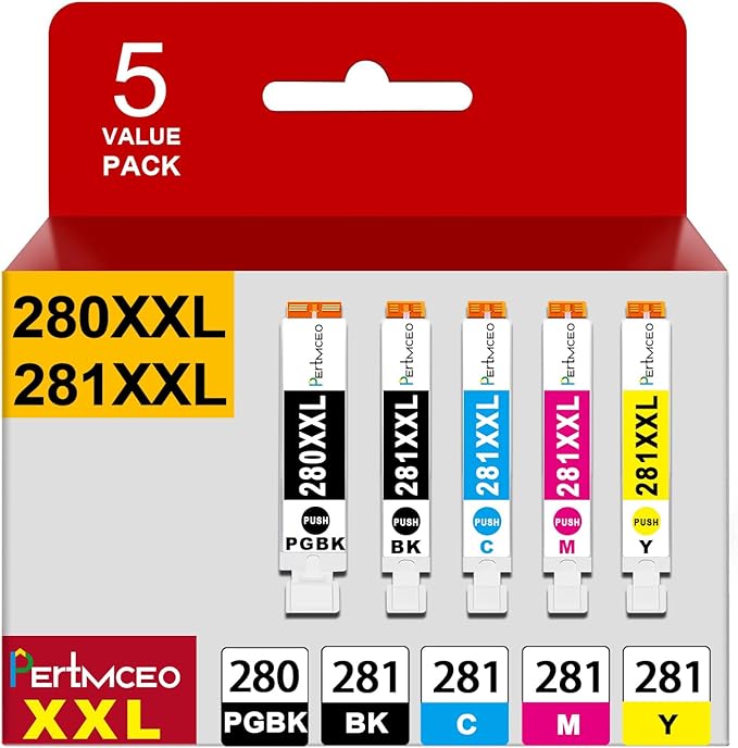 Pertmceo TR8622a PGI-280XXL CLI-281XXL 280 281 Ink Cartridges Replacement for Canon 280 281 Ink Compatible with PIXMA TR8622a TR8620a TR8622 TR8620 TR8600 TS9500 TS6300 Printer (5 Pack)