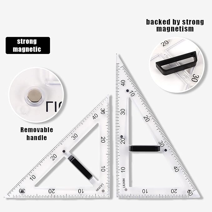 Magnetic Geometry Tool, Protractor, Triangle Rulers Easy Attachment Blackboard Measurement Kit, Teacher Board Protractor Multi-Purpose Kit Large (Transparent-2pc)