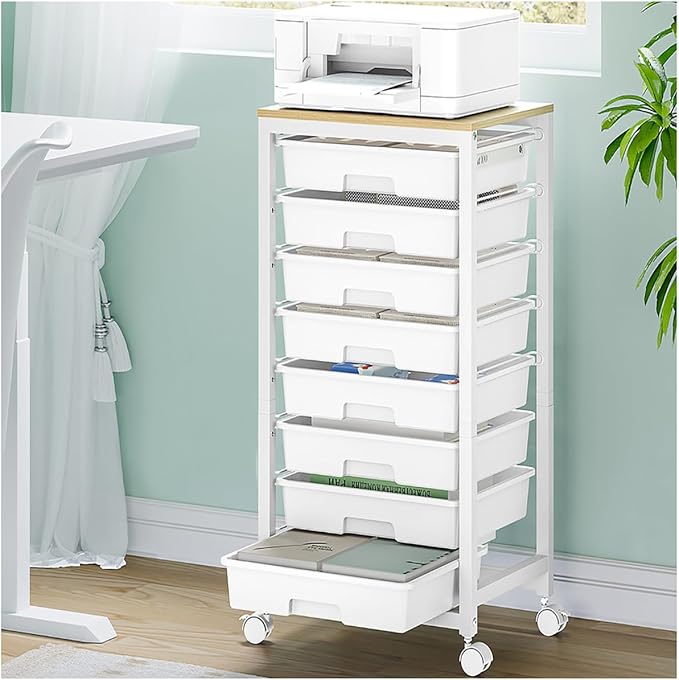 SYKIARIOL Rolling Cart with Drawers,8 Drawer Rolling Cart,Rolling Drawer Cart,Rolling Storage Drawer Cart,White Rolling Cart,Utility Cart with Drawers and Wooden Tabletop