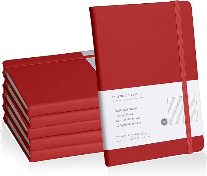 EMOMAS Lined Journal Notebook, 6Pack Hardcover Notebook for Men & Women – Journals for Writing, Work, School, Home & Daily Notes, 160 Pages – Medium A5, 5.7"x8", 100 gsm Thick Paper (Red)