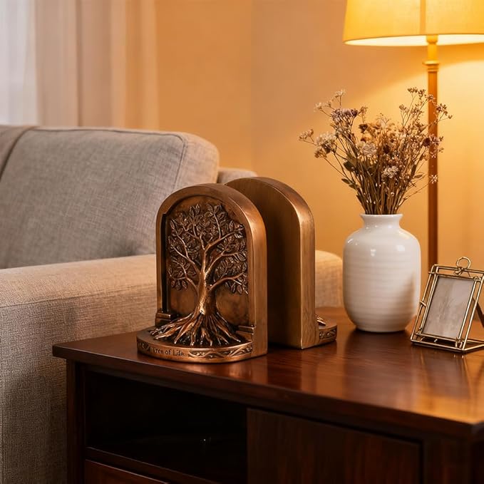 Tree of Life Bookends Set – 6.1" Resin Decorative Bookends, Antique Bronze Finish, Non-Skid Heavy Duty Support for Books, Bookshelf Decor, Office, Library, Housewarming Gift