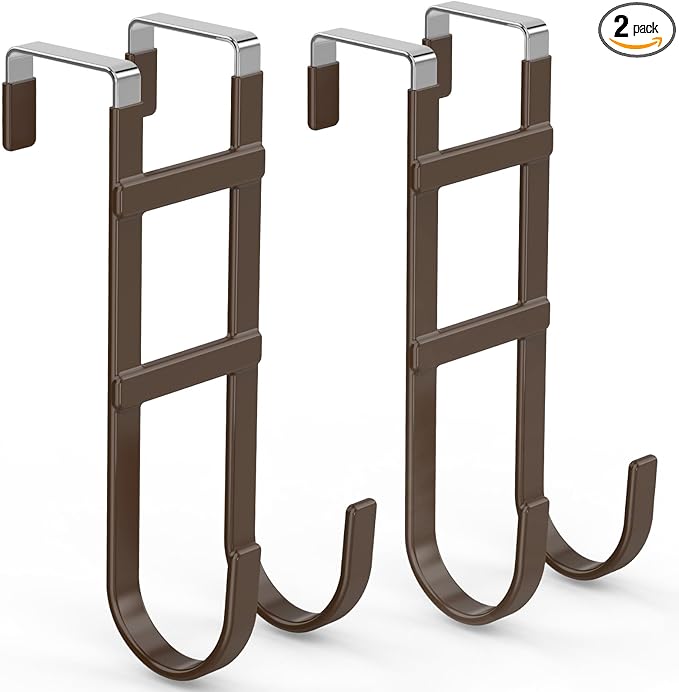 FYY Over The Door Hooks - 2 Pack Heavy Duty Dual-Hook Organizer Hanger with Non-Slip Rubber for Towels, Clothes, Hats & Bags Use in Bathroom, Bedroom, Kitchen - Fits Interior Doors Up to 1.6" Brown