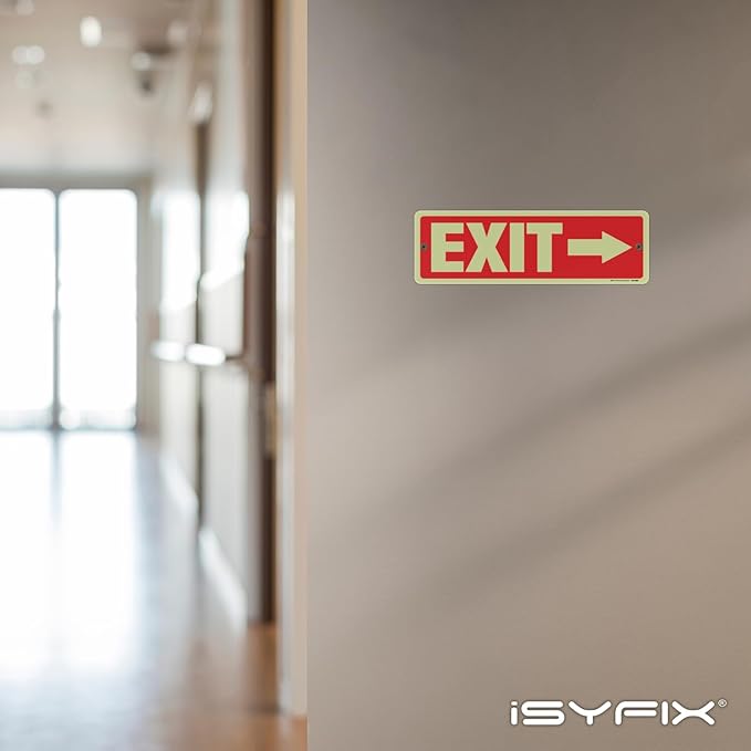 iSYFIX Exit Signs with Directional Right Arrow, Glow in the Dark, Photoluminescent Aluminum 12x4 Inch - 12 Pack, Laminated for UV & Weather Resistance, Ideal for Offices, Schools, Theaters & More