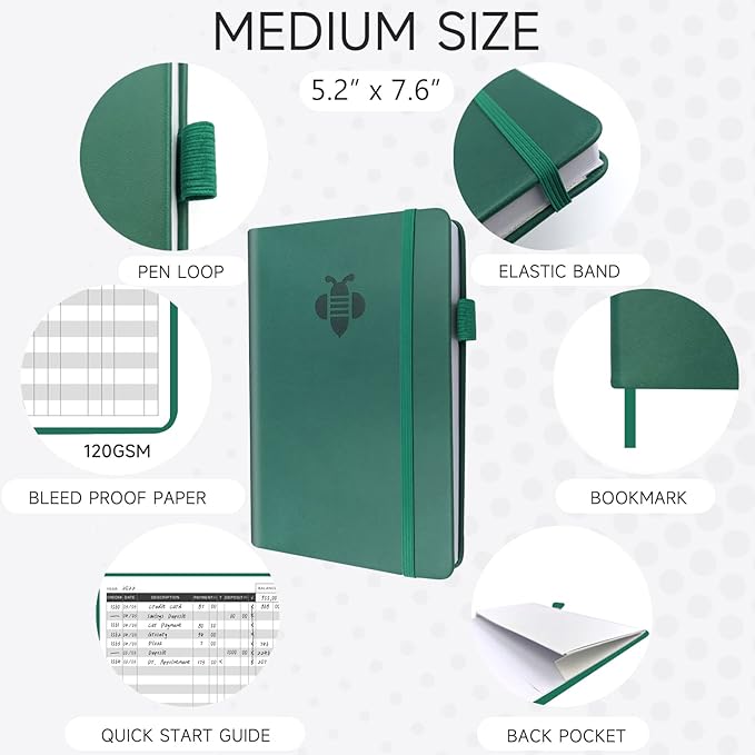 KUMEER Check Register – Elegant Check Registers for Personal Checkbook with Check & Transaction Registers, Hardcover Checkbook Log 5.2x7.6" (Earth Green)