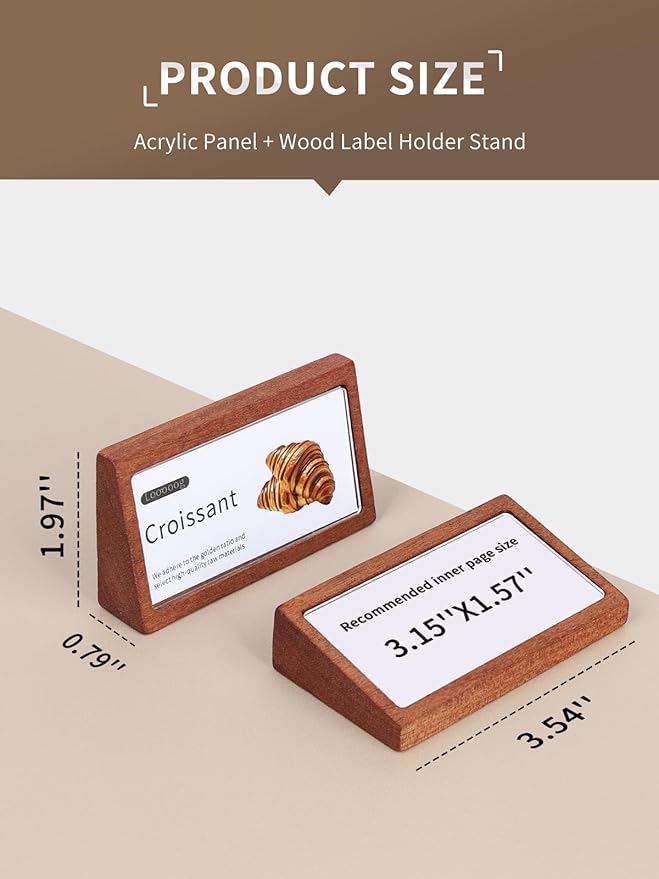 6 Pack Small Wood Price Tag Label Holder Tabletop Stand or Recline Small Sign Holder for Retail Store Boutique Name Card Restaurant Food Labeling (3.15X1.57 in)