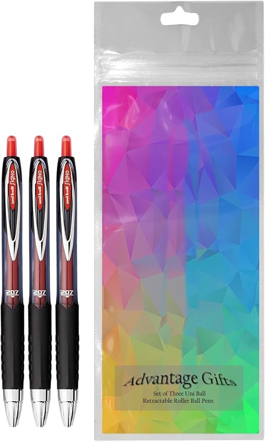 Advantage Gifts Signo 207 Roller Ball Retractable Gel Pens, Medium Point (0.7mm), Red Ink, 3 Count, Bundle with Plastic Reusable Pouch