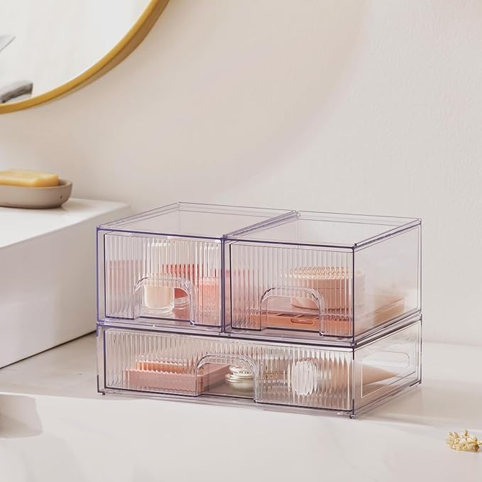 Vorey Clear Stackable Desk Storage Drawers, 3 Pack Acrylic Bathroom Makeup Organizers, Easily Assemble All Purpose Plastic Bins for Brightroom, Pantry Organization, Vanity, Undersink, Cabinet