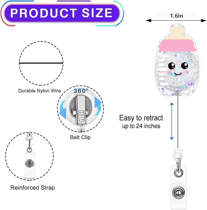 2Pcs Cute Baby Bottle Badge Reel Retractable for Nurse, Doctor, Medical Worker Nursing Student | Funny Pediatric Nurse ID Name Badge Holder 24” Durable Nylon Retractable Cord with Alligator Clip