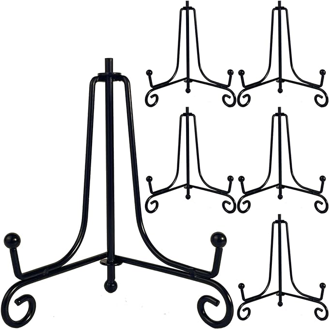 HENABLE 6PCS Premium Black Iron Plate Stands for Display 4 Inch, Decorative Solid Metal Plate Holders for Displaying, Mini Easel, Frame, Book, Card, Plaque, Bowl, Picture Stands for Display