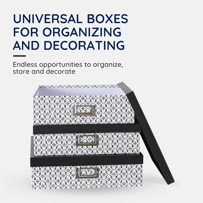 Soul & Lane Black and White Decorative Storage Boxes with Lids for Organizing, Set of 3 Jumbo Scrapbook Storage Boxes for Documents, Keepsakes, Memories, Modern Trellis