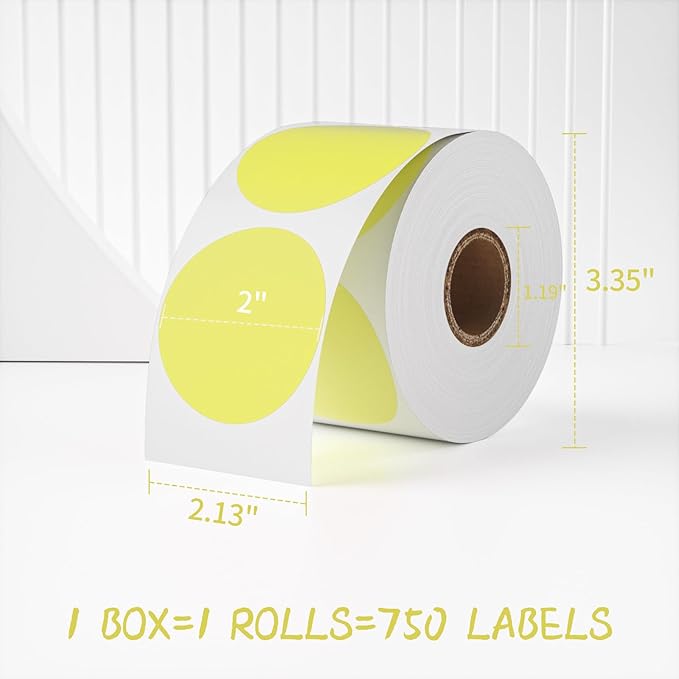 MFLABEL 2" 750 Yellow Circle Direct Thermal Stickers Labels Roll, Compatible with Zebra, Rollo, MUNBYN, Self-Adhesive Round Direct Thermal Labels