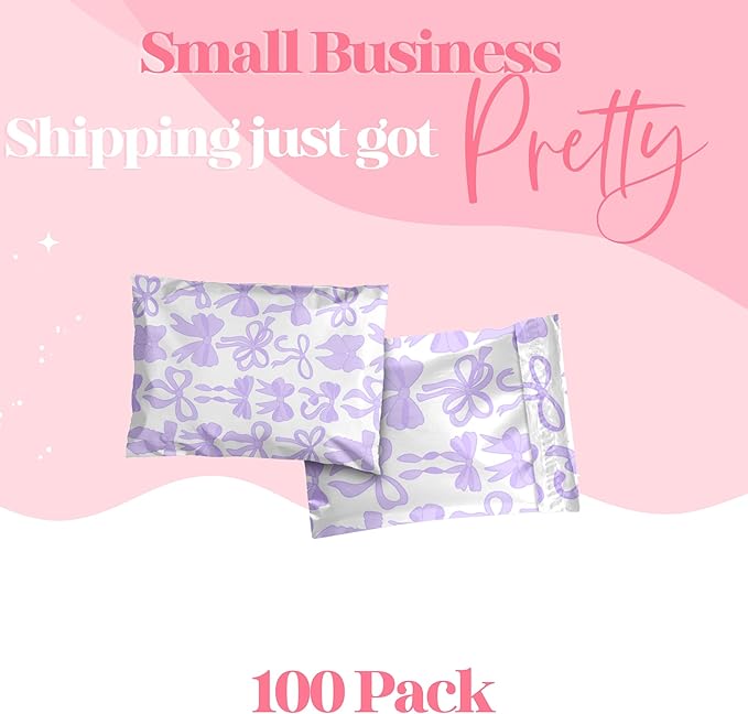 Pretty Package Store 10x13 Designer Poly Mailer 100 Pack Heavy Duty Waterproof Self Seal Shipping Bags for Small Business Large Mailing Envelopes Bulk Tear Resistant Packaging Purple Bows