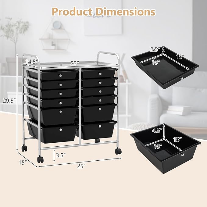 HAPPYGRILL Happygrill 12-Drawer Rolling Storage Cart, Multipurpose Organizer Cart for Home Office School, Utility Cart with Wheels, (Black)