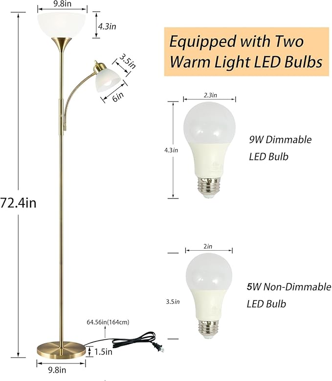 Floor Lamp, Dimmable Standing lamp, Stepless Dimming Brightness, Included 9W and 5W LED Bulbs, Industrial Floor Lamp for Living Room, Bedroom, Office, Reading