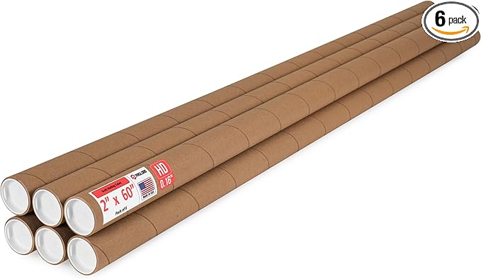 Paclord 2" x 60" Heavy-Duty Reinforced Cardboard Mailing Tube, Pack of 6 Tubes with 12 Caps – Secure USPS Approved – Great for Shipping and Storing of Prints, Artwork, Posters or Documents