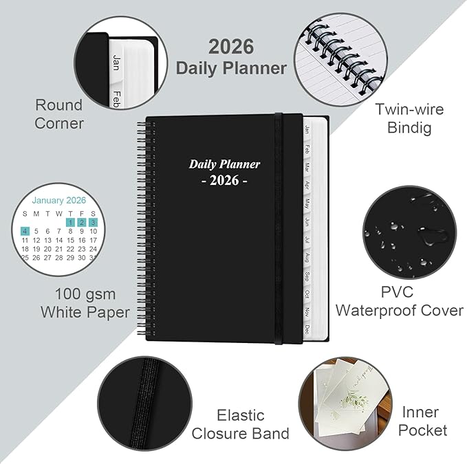 Daily Planner 2026 Full Page Per Day- 2026 Daily & Monthly Planner from January 2026 to December 2026, Day Planner 2026 with 12 Months Tabs, 8.5" x 11", Black