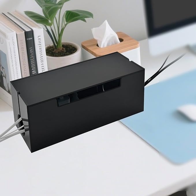 Cable Management Box, 2 Open Slots Cords Hider Box, Under Desk Power Strip Organizer and Floor Cables Storage, Black
