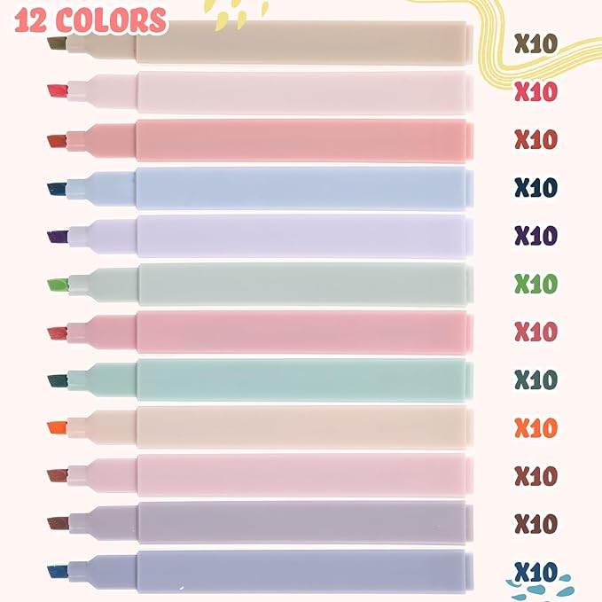 Marspark 120 Pcs Highlighters Bulk Chisel Tip Aesthetic 12 Assorted Colors No Bleed Cute Soft Color Marker Pens for Journal Planner Notes School Study Office Supplies