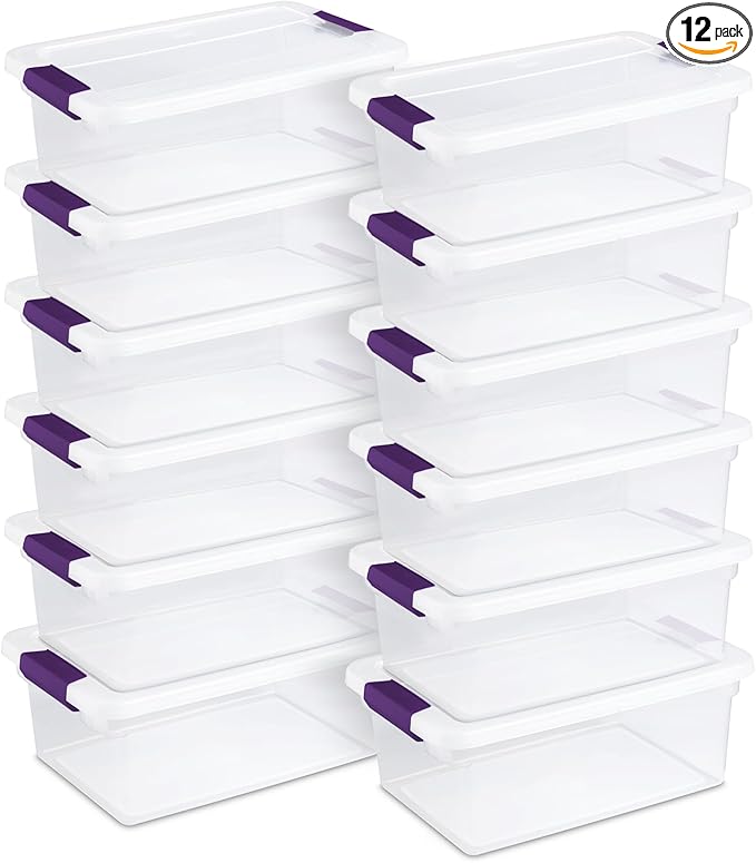 STERILITE 15 Qt ClearView Latch Storage Box, Stackable Bin with Latching Lid, Plastic Container to Organize Shoes in Closet, Clear Base, Lid (Pack of 12)