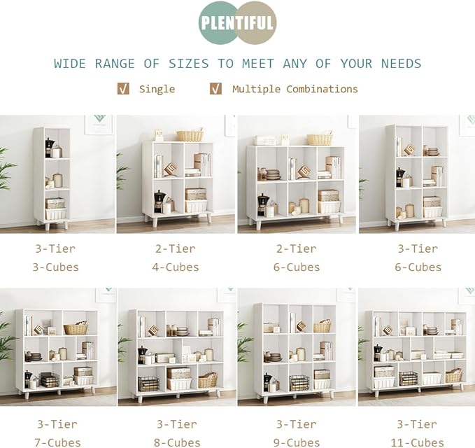 IOTXY Open Cube Low Bookcase - 3-Tier Freestanding Storage Display Cabinet Organizer with Legs for Home Office, 3-Cubes Open Shelf Short Bookshelf, White
