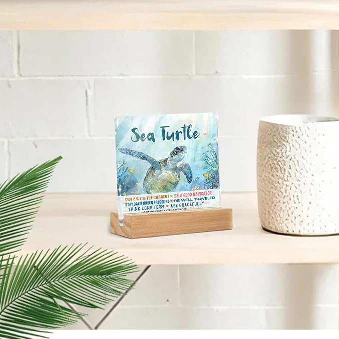 Sea Turtle Decor Desk Acrylic Sign 4x4 inch, Turtle Gifts for Women Men Coworkers, Beach Decorations for Home Bedroom Bathroom, Motivational Gifts Table Cubicle Decor and Accessories