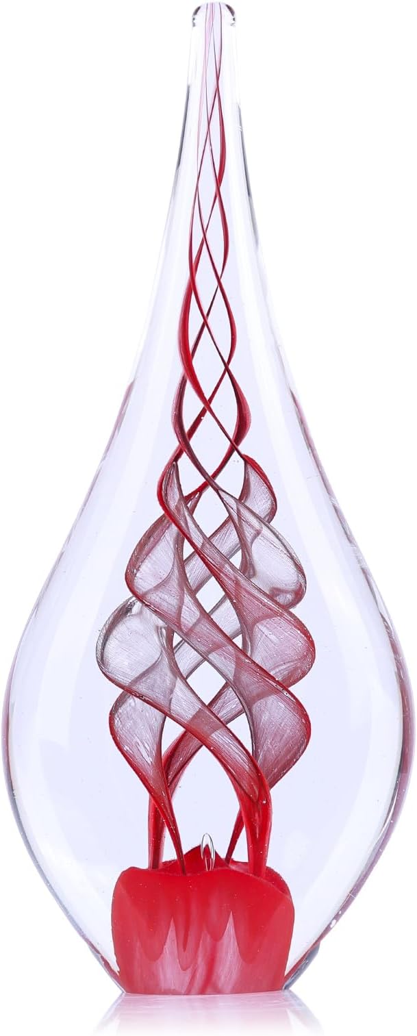 LCCCK 9" Tall Sculpture Hand Blown Glass Decor, Paperweight for Office Desk, Modern Glass Art Figurines Mediterranean Beach House Decor, Living Room Coffee Shelves Table Top Decoration (Swirl Red)