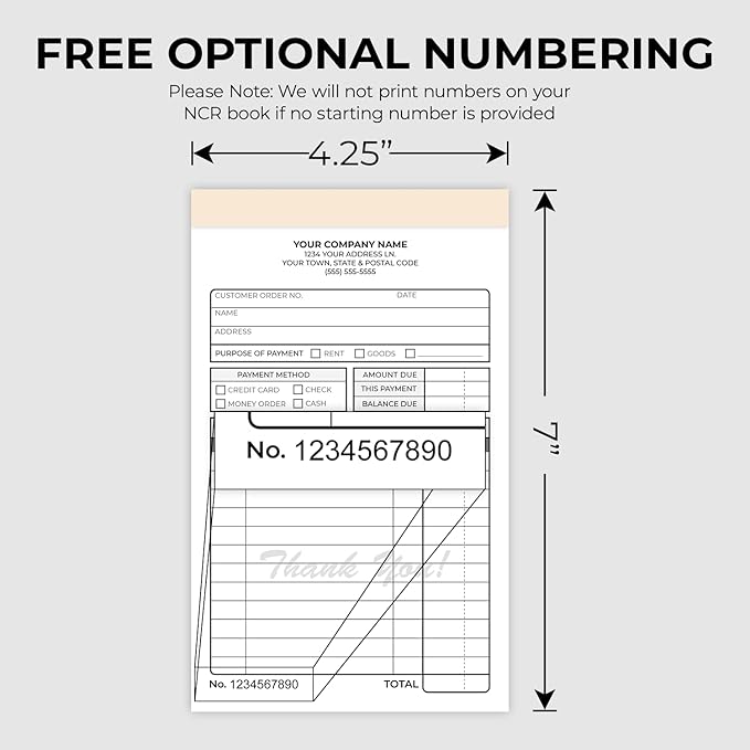 Custom 4.25" x 7" Carbonless NCR Books in 2-Part Duplicate Invoices, Receipts, Work Orders, Sales Orders, Purchase Orders, Estimates, Quote Forms with Your Company/Business Name (200 Sets)