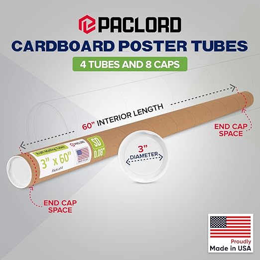 Paclord 3" x 60" Reinforced Kraft Paper Mailing Tube, Pack of 4 Tubes with 8 Caps – Secure USPS Approved Poster Tube – Cardboard Tube for Shipping and Storing Posters, Prints, Artwork, or Documents