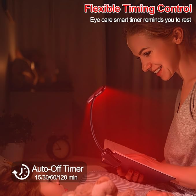 Finezeal 630nm Red Book Light - Zero Blue Light, Rechargeable Clip On Red Reading Light for Reading at Night, Poratble Dimmable LED Book Lamp, Perfect for Travel Nursing Studying