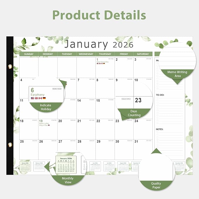 2026 Desk Calendar, Large Desk Calendar 22" x 17" (Jan 2026 - Jun 2027) Monthly Desktop Wall Planner for Family Teacher School Office Supplies, Leaf
