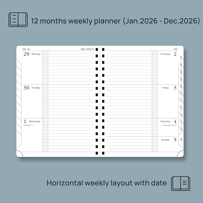 POPRUN 2026 Weekly and Monthly Planner Calendar, January 2026 - December 2026,Medium-6.75" x 8.75" Spiral Bound Appointment Book, Includes Monthly Tabs, Inner Pocket,Soft Cover - Midnight Green
