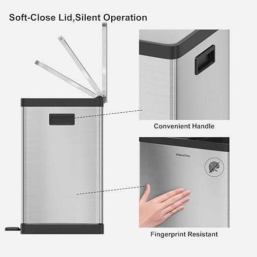 SolaceCove Kitchen Trash Can, 2 x 5.3 Gallon Garbage Can for Kitchen, Dual Compartment Recycling Trash Can, Trash and Recycle Bin Combo, Stainless Steel, Soft-Close Lid, Fingerprint Proof