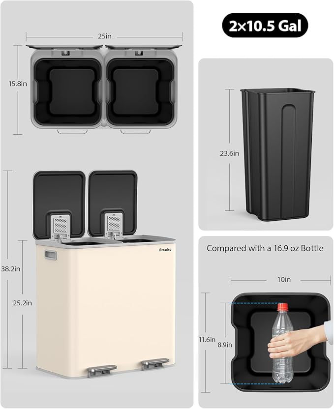 Lovewind Trash Can, 2 x 10.5 Gallon (2 x 40 L) Garbage Can for Kitchen Dual Compartment Recycling Kitchen Step Trash Bin, Stainless Steel Trash and Recycle Bin Combo with Soft-Close Lid, Apricot