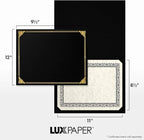 LUXPaper 9.5" x 12" Certificate Holders | Black Linen | Embossed Gold Foil Floral Border | 100lb. Cover | 250 Qty