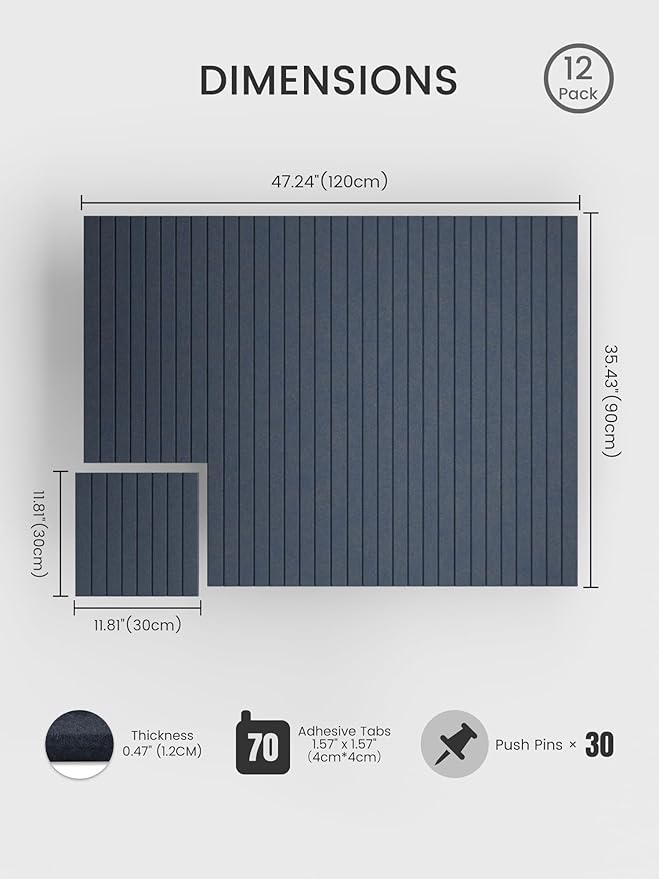 Bumusty Large Cork Board Alternative-47 x35 Felt Bulletin Board, with 30 Pushpins, 70 Adhesive Tabs, 12-Pack Slat Wall Paneling, Cork Boards for Office Push Pin Board Felt Board-Deep Charcoal Blue