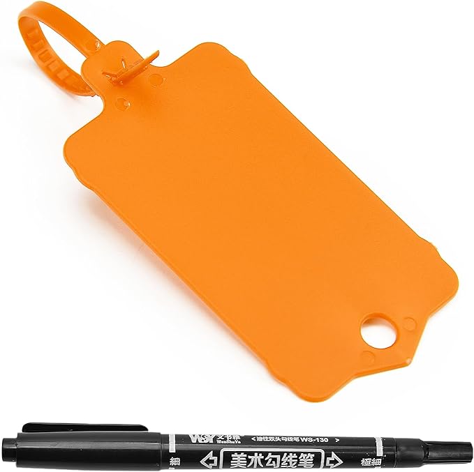100pcs Blank Plastic Tags for Labeling Reusable Hanging Tags Ties Key Tag Storage Labels Waterproof Plastic Mark Label Writable Hang Sign with One Marker Pen (Orange)