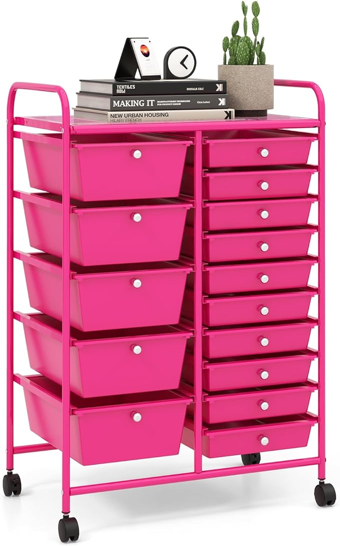 LDAILY 15 Drawer Rolling Storage Cart, Rolling Cart with Drawers for Classroom, Art Supply Craft Organizer on Wheel with Metal Frame & Handles for Home Office School