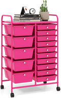 LDAILY 15 Drawer Rolling Storage Cart, Rolling Cart with Drawers for Classroom, Art Supply Craft Organizer on Wheel with Metal Frame & Handles for Home Office School