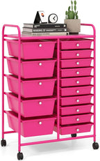 LDAILY 15 Drawer Rolling Storage Cart, Rolling Cart with Drawers for Classroom, Art Supply Craft Organizer on Wheel with Metal Frame & Handles for Home Office School