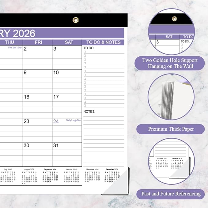2026 Desk Calendar - Calendar 2026 from January 2026 - December 2026, Desk Calendar 2026 with to-do List, 12" x 17", Purple