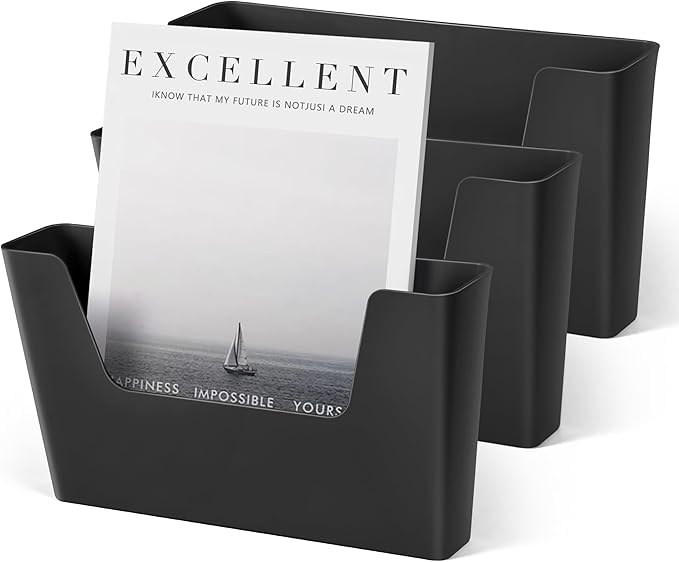YOHOM No Drilling File Holder Wall Mails Magazines Organizer Adhesive Door Mount, Single Pocket, (White 1) (BLACK, 3 PCS)