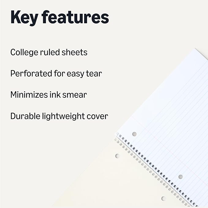 Amazon Basics College-Ruled Spiral Notebook, For Work and School, 70 Sheets, 10.5" x 8", Assorted Pastel Solid Colors, 5-Pack