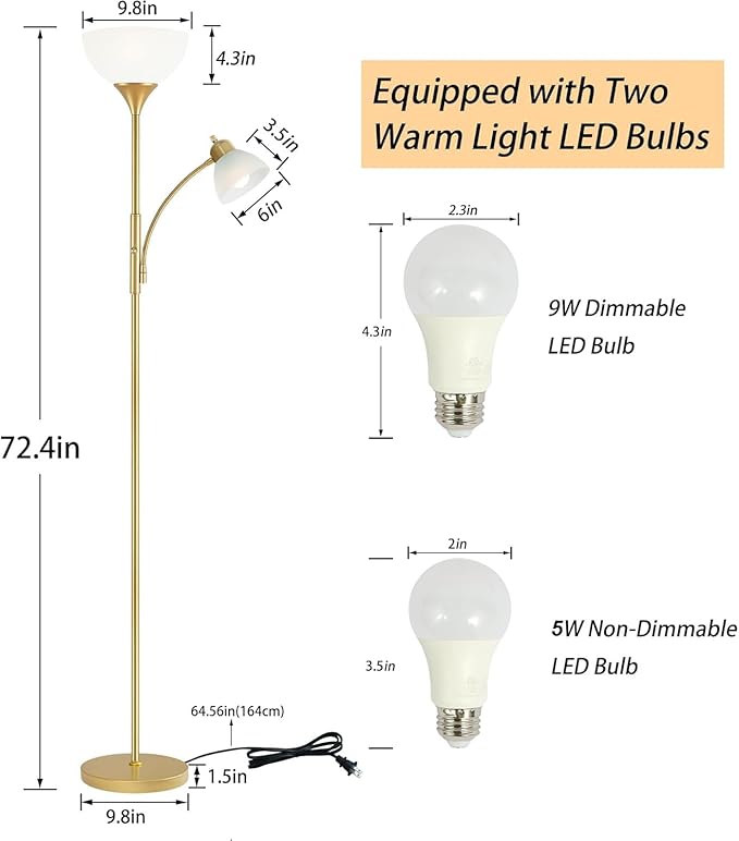 RISLG Floor Lamp, Standing lamp, Stepless Dimming Brightness, Included 9W and 5W LED Bulbs, Lamp for Living Room, Bedroom, Office, Reading