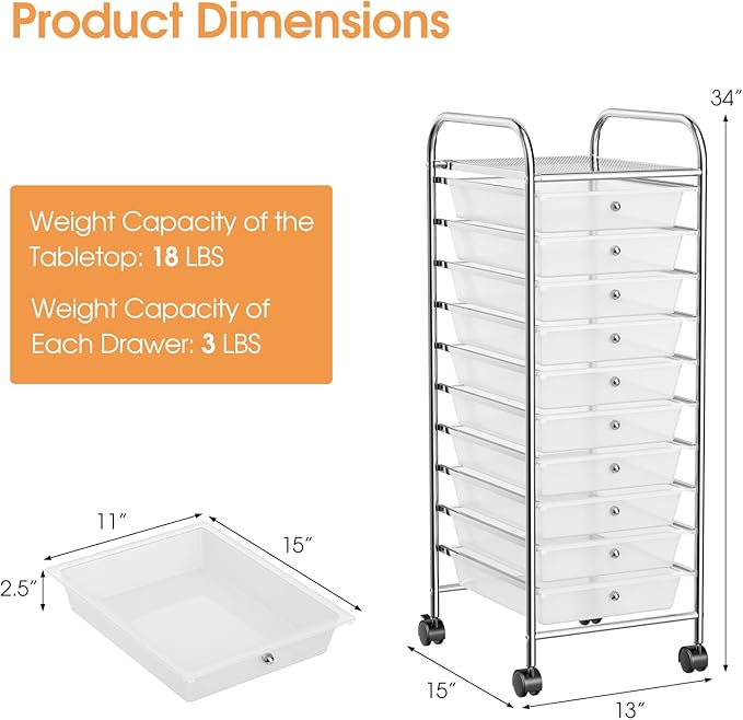 GLACER 10 Drawers Rolling Cart, Storage Cart with w/Removable Drawers & Steel Frame, Utility Mobile Trolley w/Universal Casters & 2 Brakes, Organizer Cart for Home, School, Office (Clear)