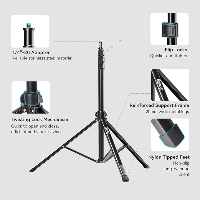 SMALLRIG RA-S200 Light Stand for Photography, 78.7" / 6.6ft / 200cm, Black, Aluminum Alloy, Supports up to 4kg, Compatible with Reflectors, Softboxes, Studio Lights, Umbrellas, Ring Light
