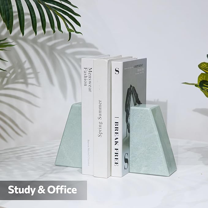 Faticdorr Luxury Marble Bookends for Shelves, 11LB Heavy Duty Marble Book Ends for Heavy Books, Stone Bookends Decorative, Polished, Light Green Triangular, Set of 2