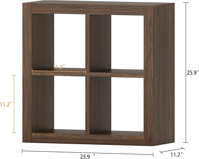 furtble Bookshelf with Storage Bin, 4-Cube Storage Organizer, Modern Wood Open Bookcase, Multifunctional Display Shelf for Living Room, Bedroom, Home Office, Classic Oak