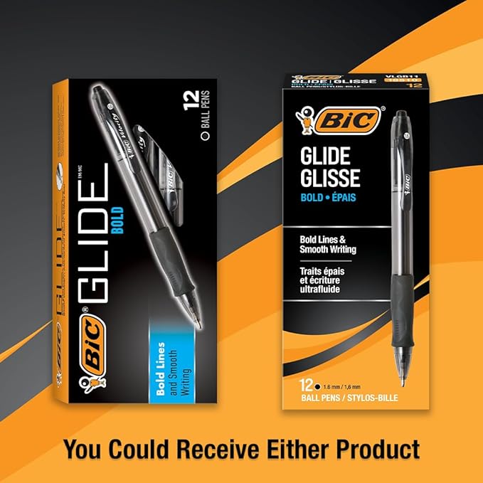 BIC Glide Bold Black Ballpoint Pens, Bold Point (1.6mm), 12-Count Pack, Retractable Ballpoint Pens With Comfortable Full Grip